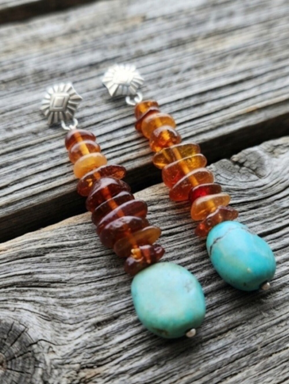 Sterling Silver Turquoise & Amber Artisan Earrings